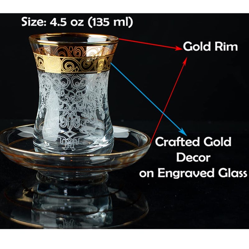 Vissmarta Vintage Turkish Tea Glasses Cups Saucers Set of 6 for Women Glassware Drinking Party Arabic Style Teacups Moroccan Persian Coffee Adults Fancy Decorative Tray Gold Drinkware - Image 5